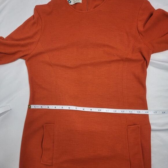 VINTAGE 60s dress orange long sleeve mod‎ sheath with pockets S - Picture 10 of 11